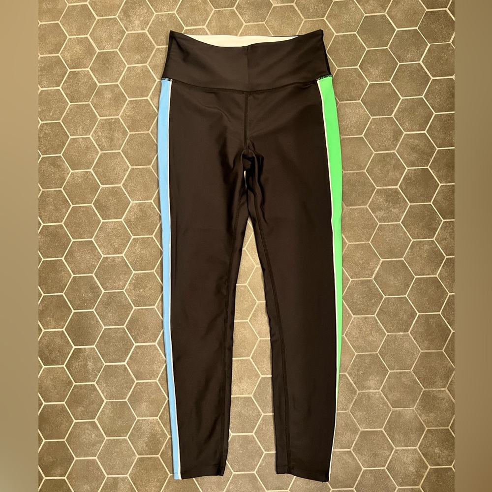 Like new SOUL leggings with blue and green stripes, lilac piping. Super cute.